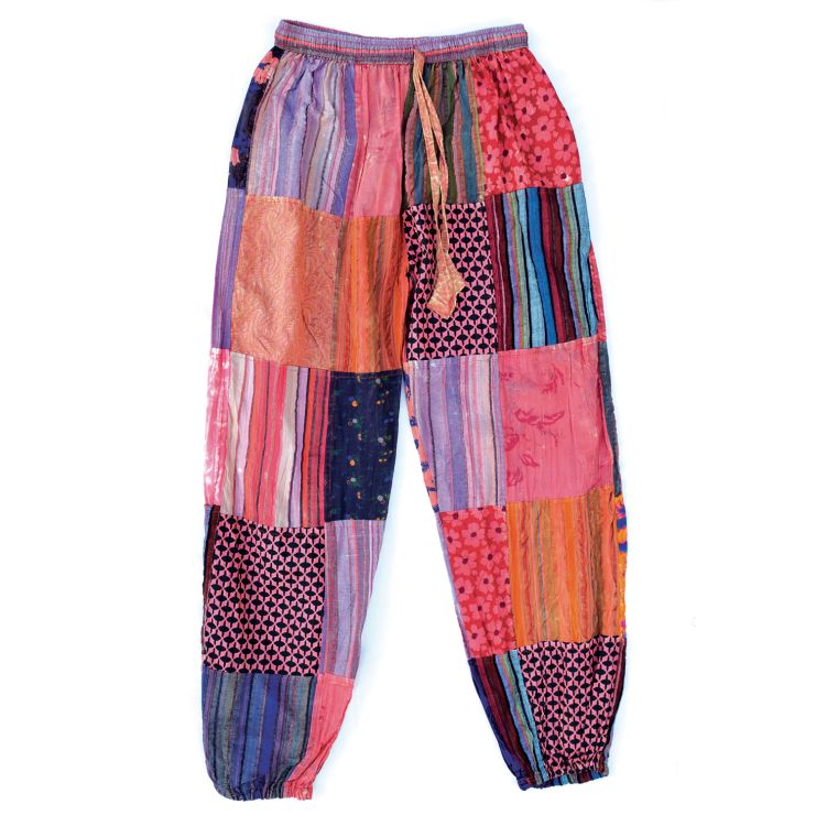 Patchwork Seersucker Cotton - Harem Trousers - Pink/Orange