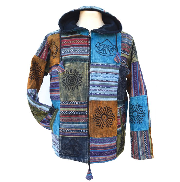 Stonewashed Cotton Patchwork Hooded Jacket - Blue Multi