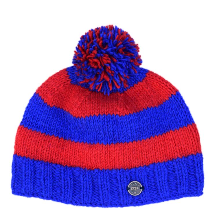 Pure wool - wide stripe bobble hat - red/blue | Black Yak