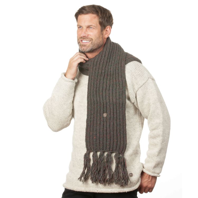 Long hand knit - fringed scarf - mid grey