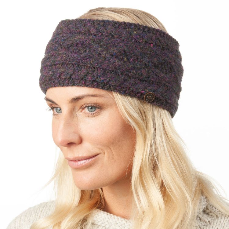 Pure wool - diamond cable headband - purple heather