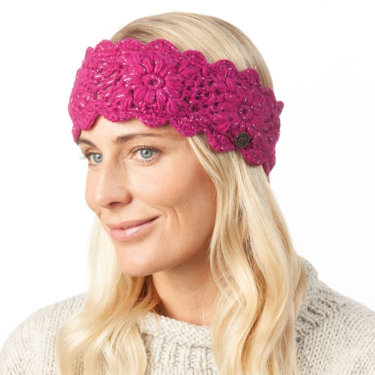 Pure Wool Fleece Lined - Sparkle Crochet Headband - Bright Pink