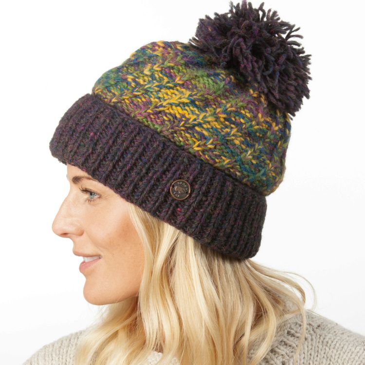 Pure Wool Hand knit - altitude turn up bobble hat - glen berry purple heather