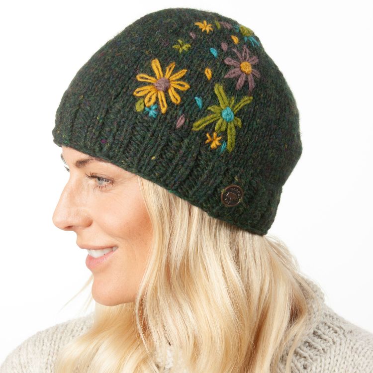 Pure Wool Hand embroidered beanie - heather pine