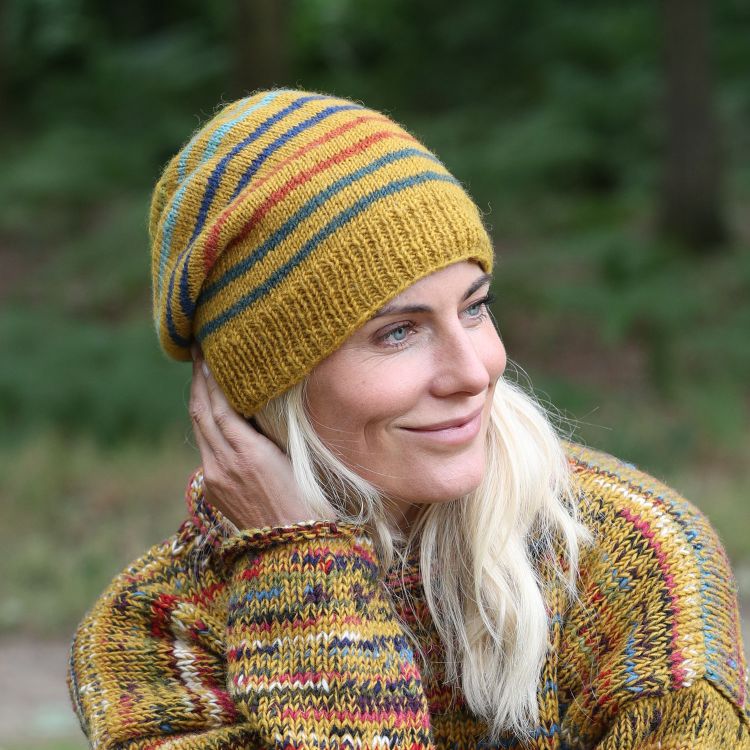 Pure Wool Hand knit - fine stripe - baggy beanie - Mustard