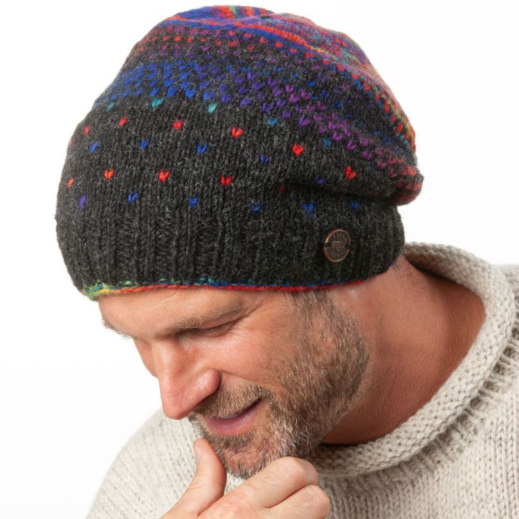 Pure Wool Hand knit - solar tick baggy beanie - charcoal