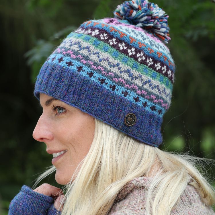 Pure Wool Hand Knit - Fair Isle Bobble Hat - Blue Heather