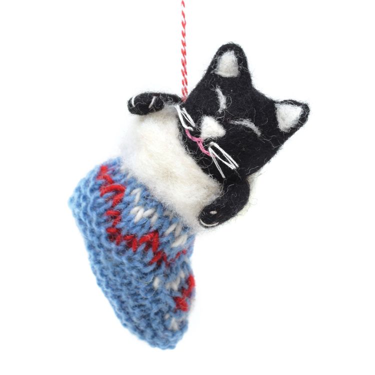 Handmade Christmas - Wool Felt Hanging Decoration - Black Cat In Stocking