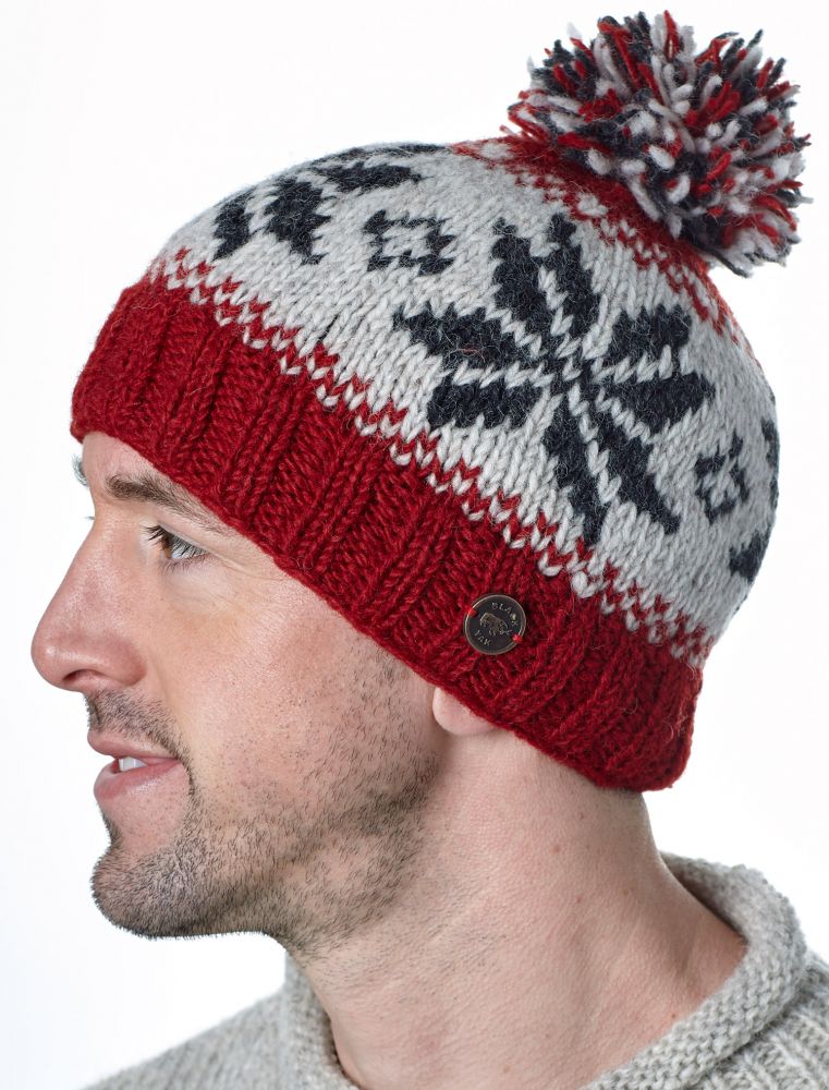 grey and red bobble hat