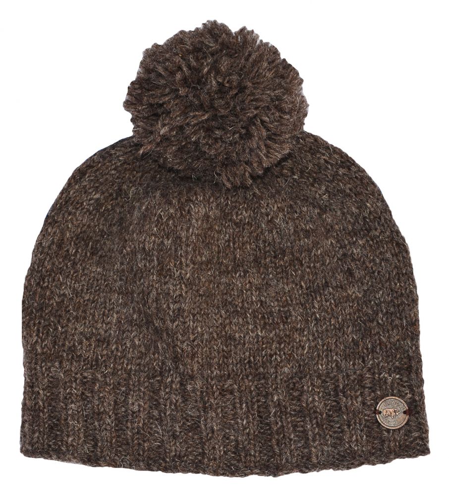 Pure Wool Plain bobble hat hand knitted fleece lining marl brown